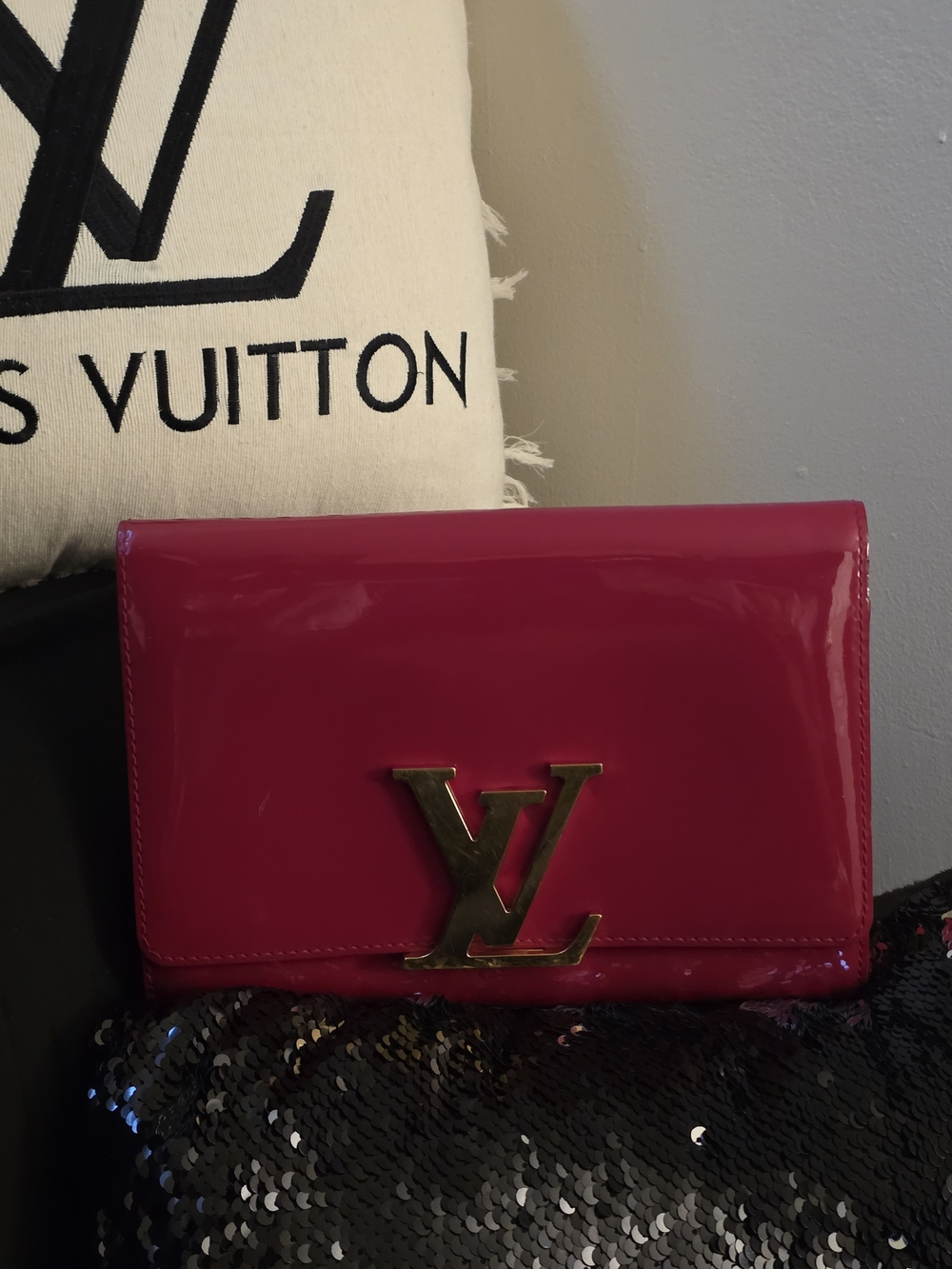 Louis Vuitton Pink Patent Leather Clutch with Gold LV Logo